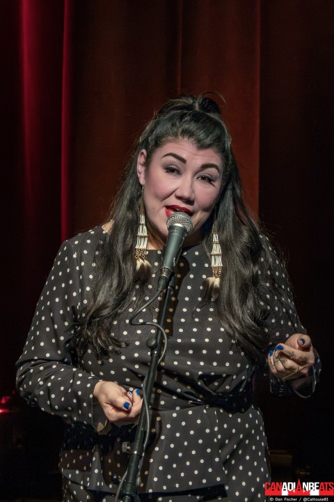 Celeigh Cardinal on stage during She Carries the Song in Guelph
